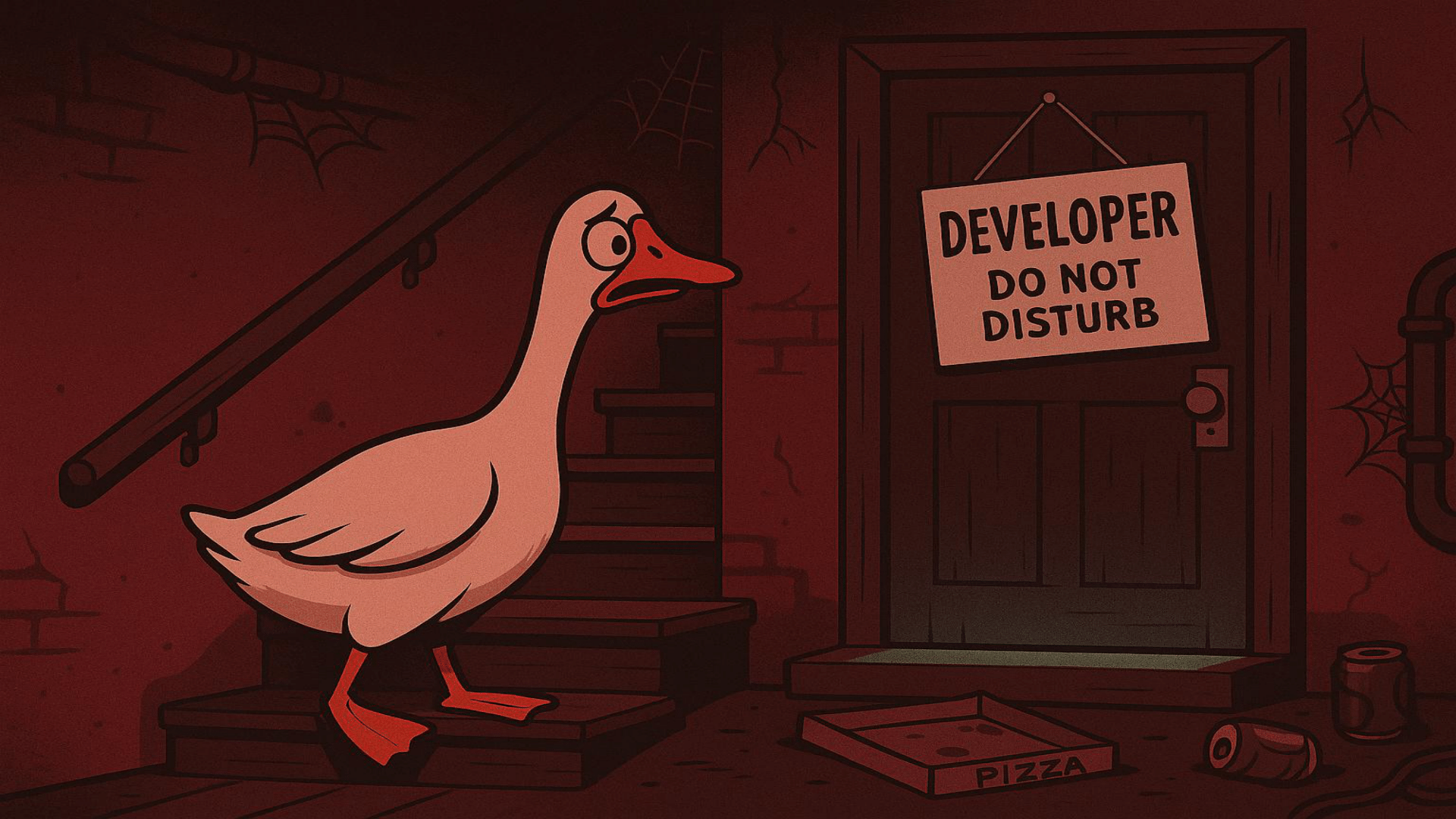 Illustration of a goose standing outside a door with a sign reading “Developer do not disturb”, representing the challenge of opening communication between marketing and development teams.