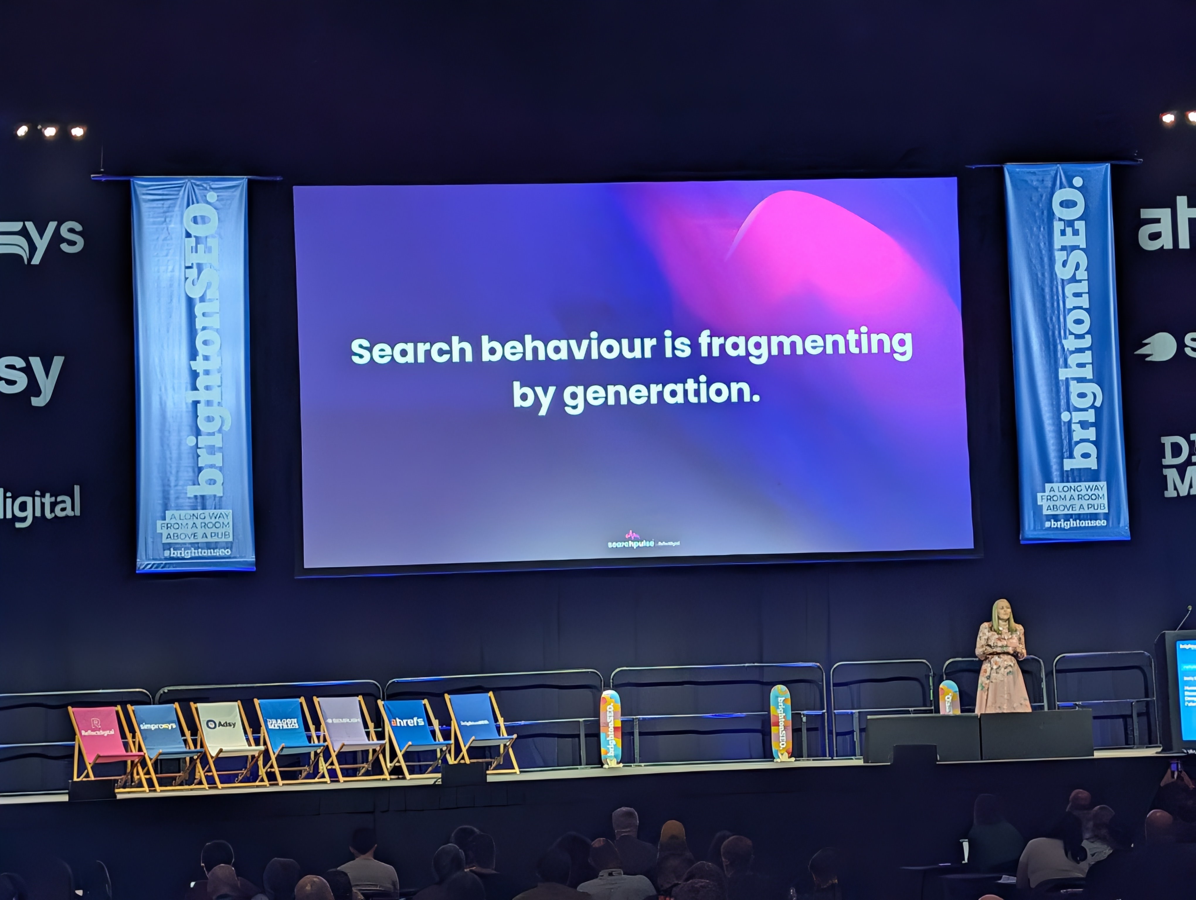 Becky Simms' slide at brightonSEO April 2026 showing how search behaviour is fragmented across different generations of users