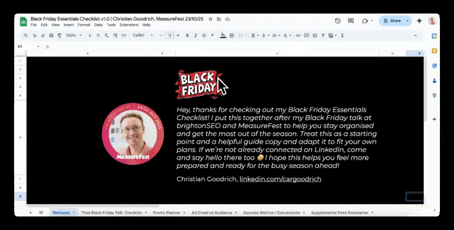 Animated walkthrough of a Black Friday PPC and CRO strategy checklist, showing each tab and section of a Google Sheets template