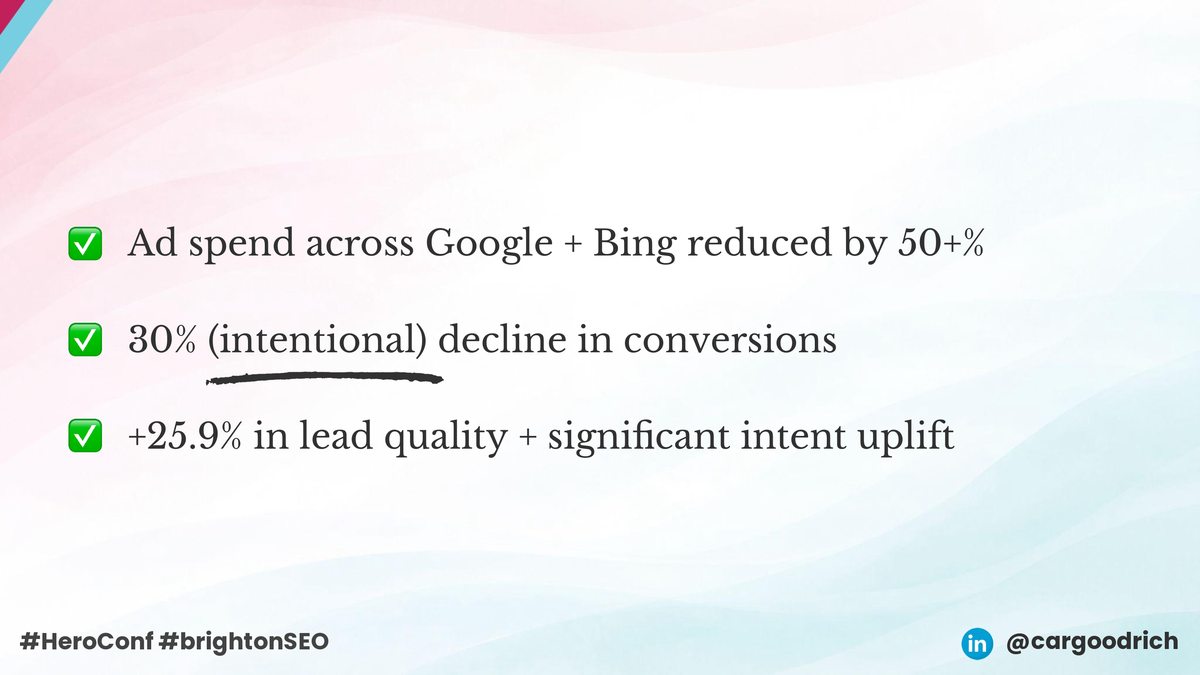 Hero Conf 2026 slide showing case study results: ad spend across Google and Bing reduced by 50 percent, 30 percent intentional decline in conversions, and 25.9 percent improvement in lead quality