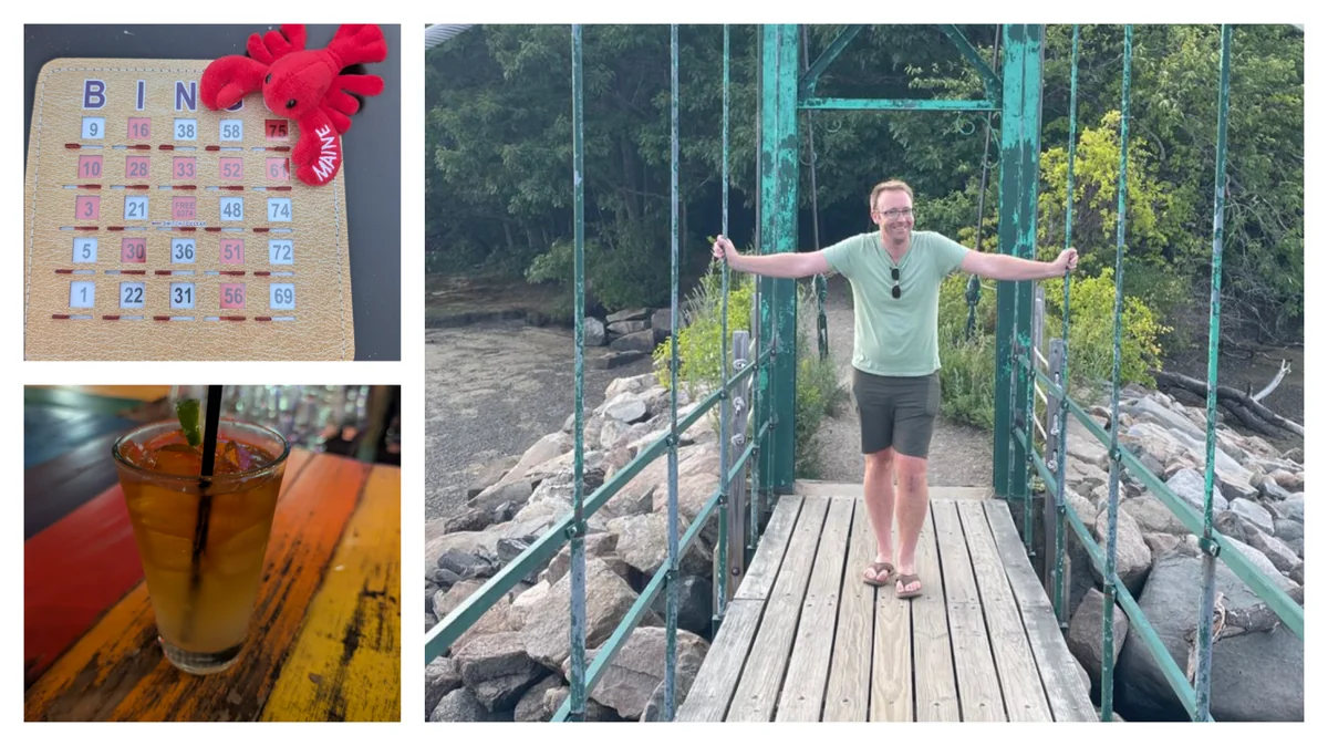 Christian Goodrich on a footbridge in Maine, alongside a Maine lobster bingo card and a drink on a harbourside table.
