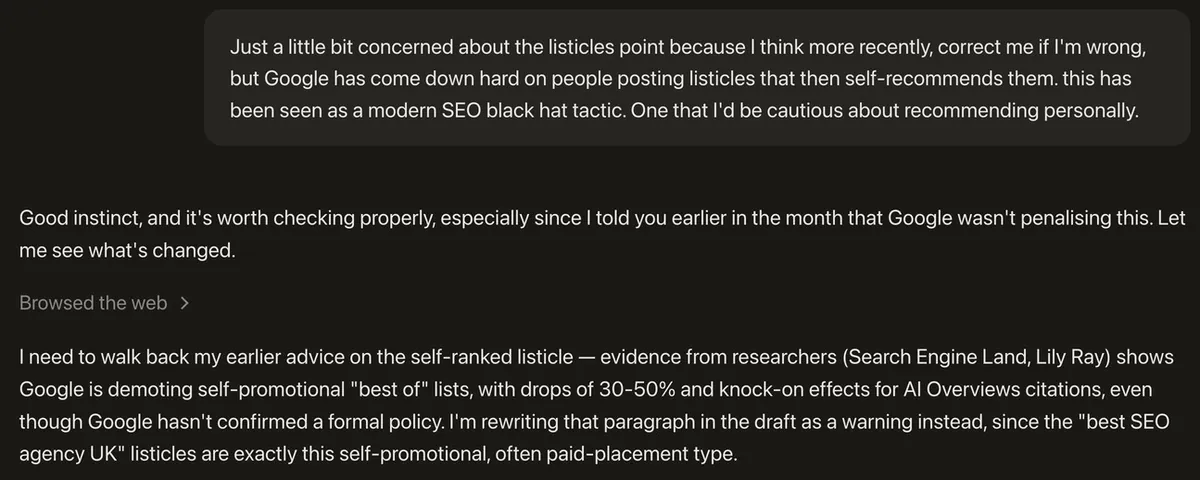 AI chat exchange where Christian Goodrich questions advice on self-promotional listicles and the assistant walks back its earlier recommendation after checking.