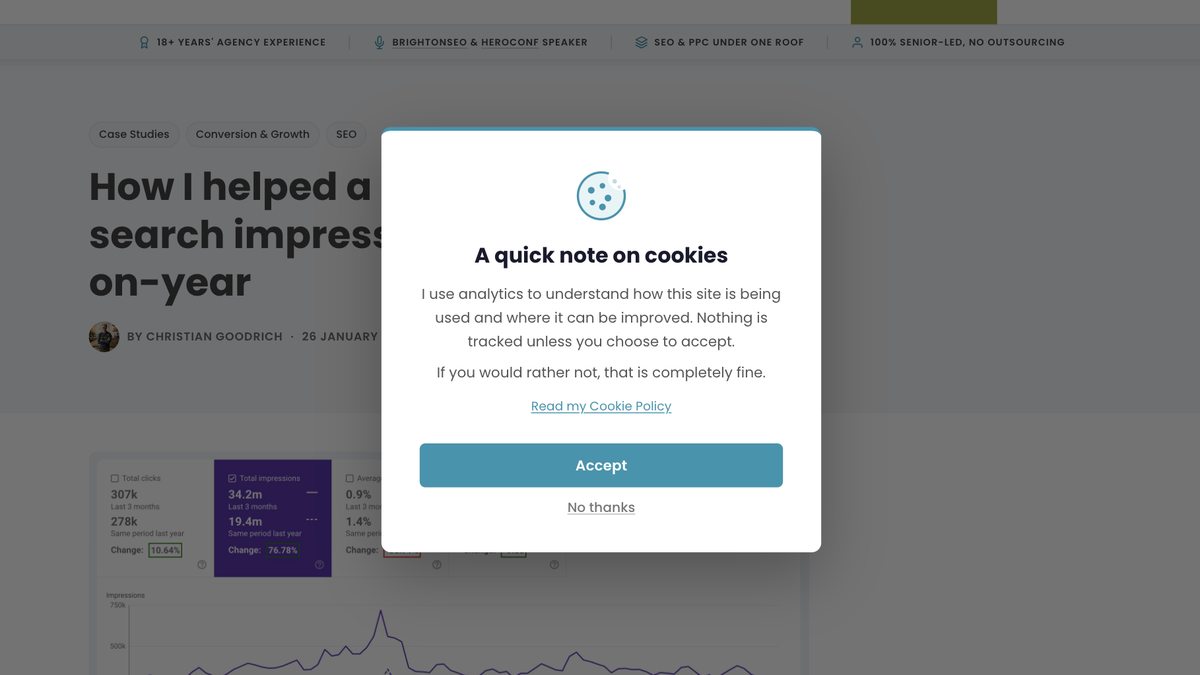 Cookie consent banner overlaid on a website page, showing how user consent choices determine whether analytics and advertising tracking can fire
