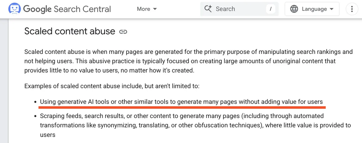 Google Search Central spam policy text defining scaled content abuse, including using generative AI tools to produce many pages without adding value for users.