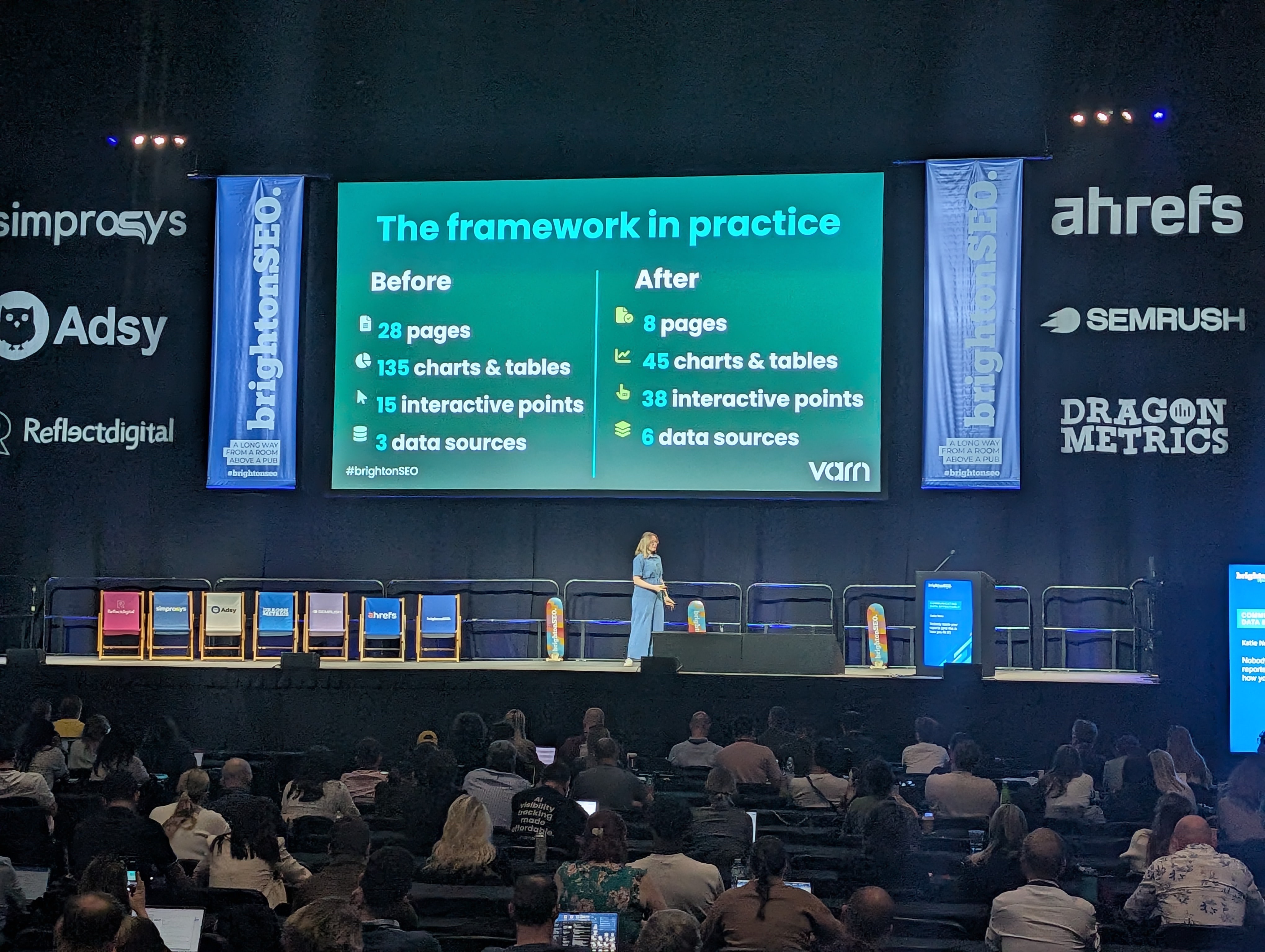 Katie New's slide at brightonSEO April 2026 showing a before-and-after framework for improving the quality and usefulness of SEO reports