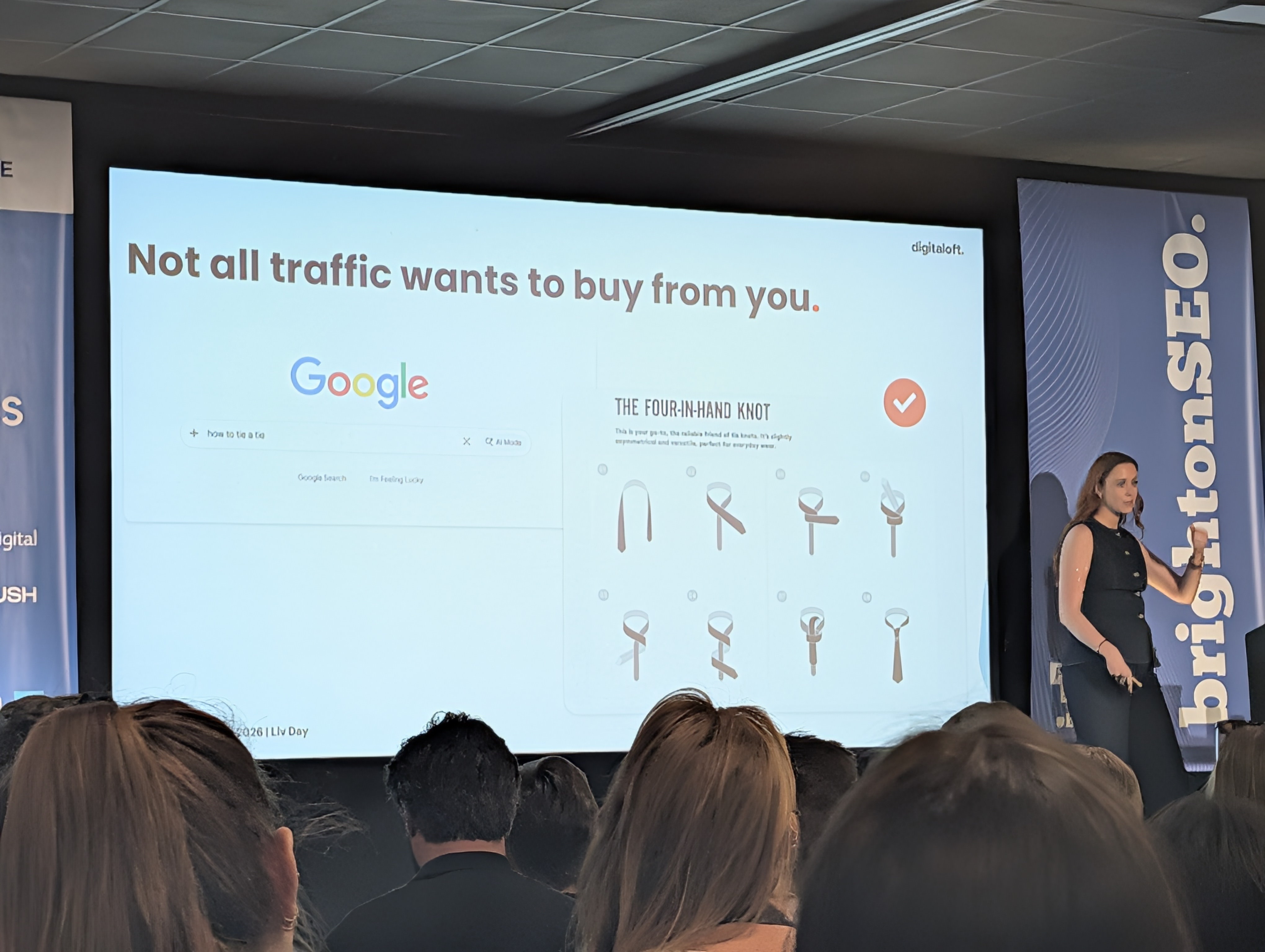 Liv Day's slide at brightonSEO April 2026 showing that not all organic traffic has commercial intent or buying value
