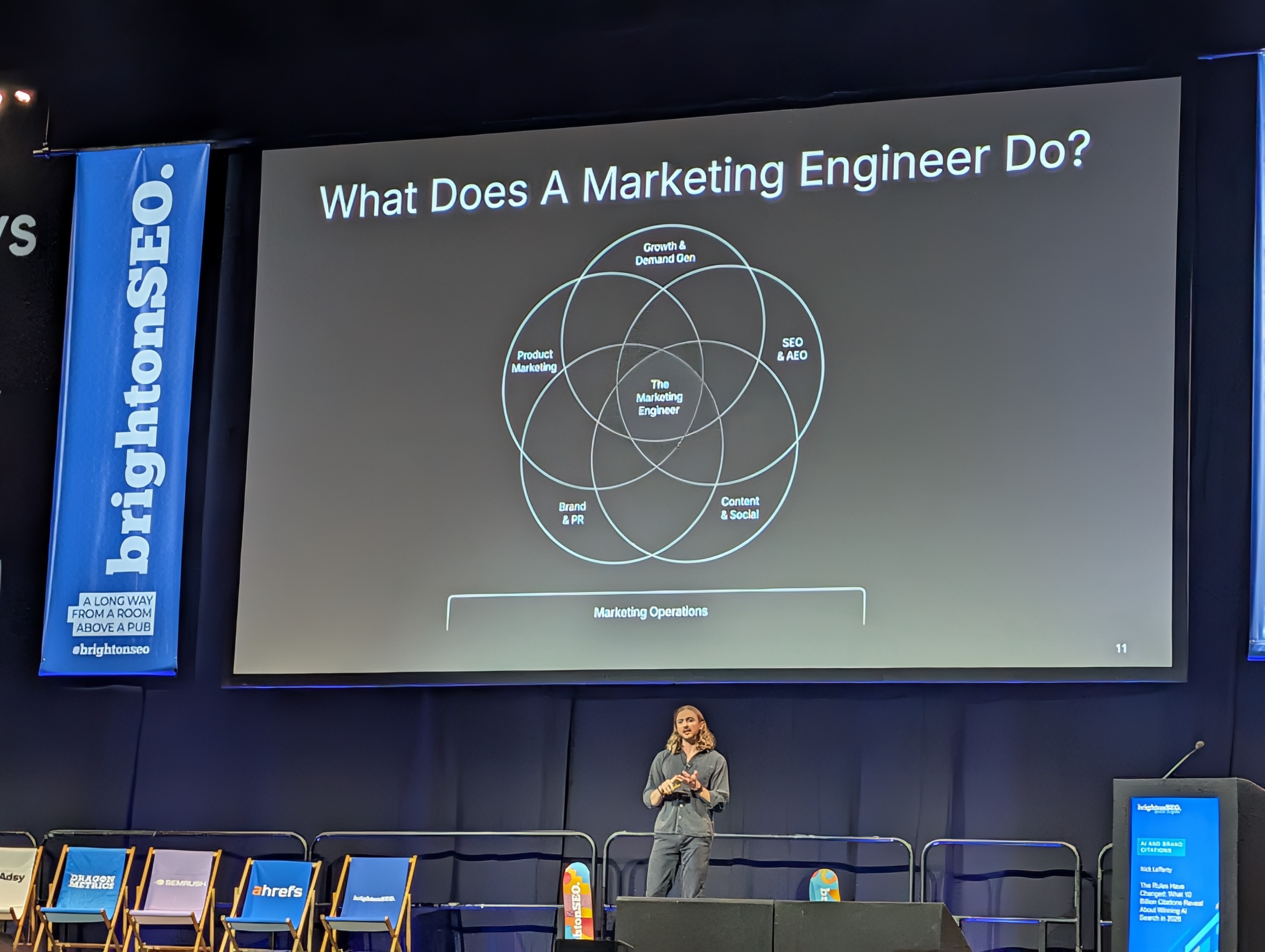 Nick Lafferty's slide at brightonSEO April 2026 showing a Venn diagram of the emerging marketing engineer role at the intersection of AI search and commercial strategy