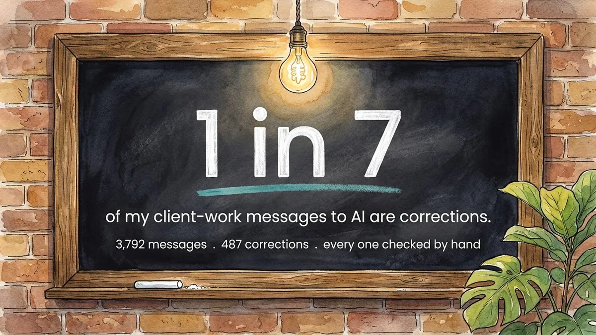 Chalkboard illustration reading 1 in 7 of my client-work messages to AI are corrections: 3,792 messages, 487 corrections, every one checked by hand.