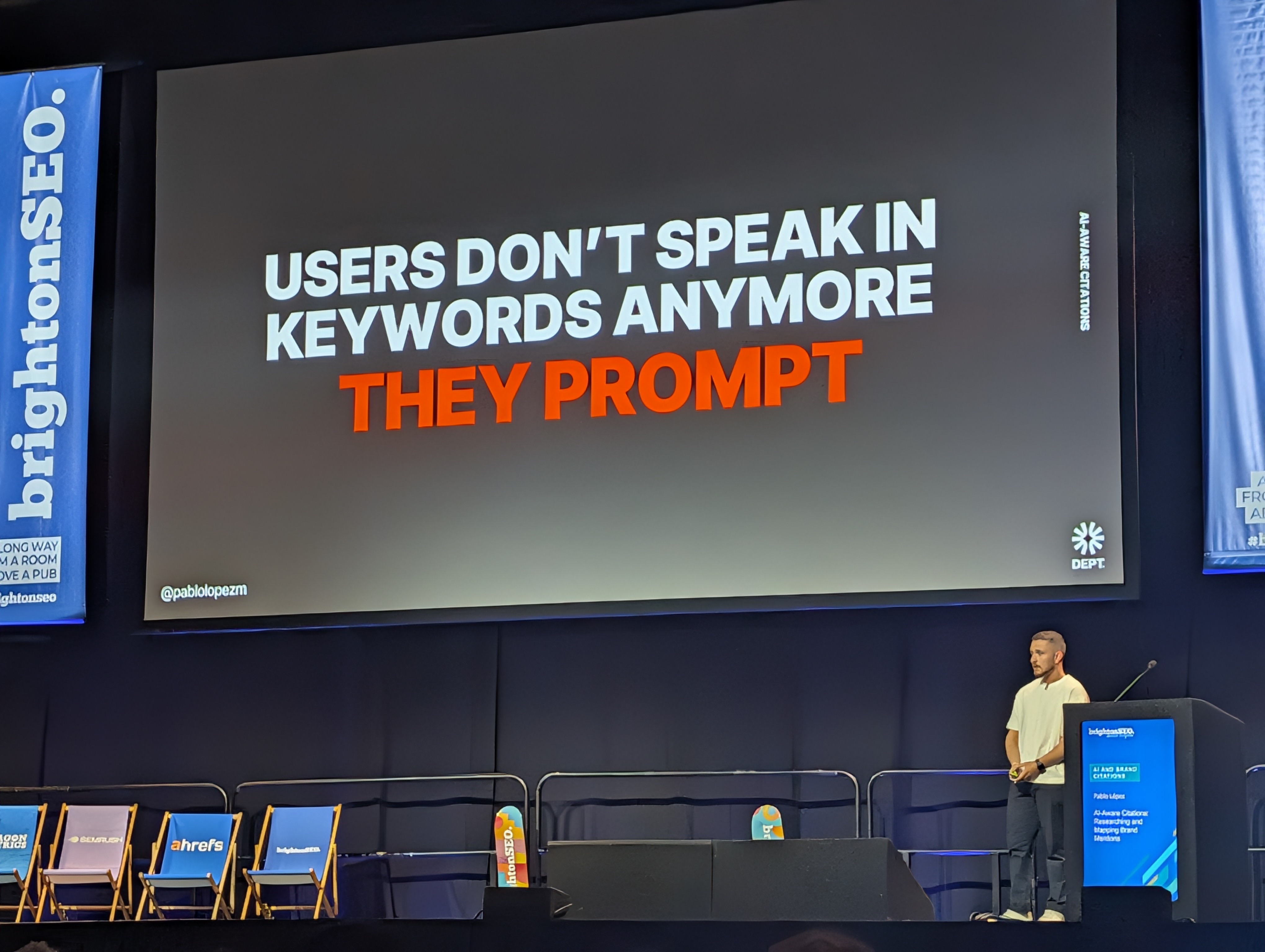 Pablo López's slide at brightonSEO April 2026 illustrating the shift from keyword-based search to prompt-driven AI search conversations