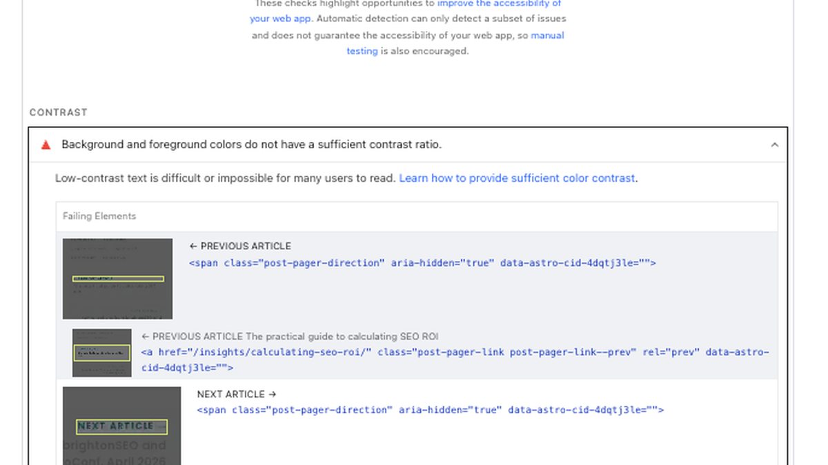 PageSpeed Insights accessibility panel listing failing elements where background and foreground colours do not have a sufficient contrast ratio, highlighting the post-pager Previous Article and Next Article labels rendered in low-contrast teal