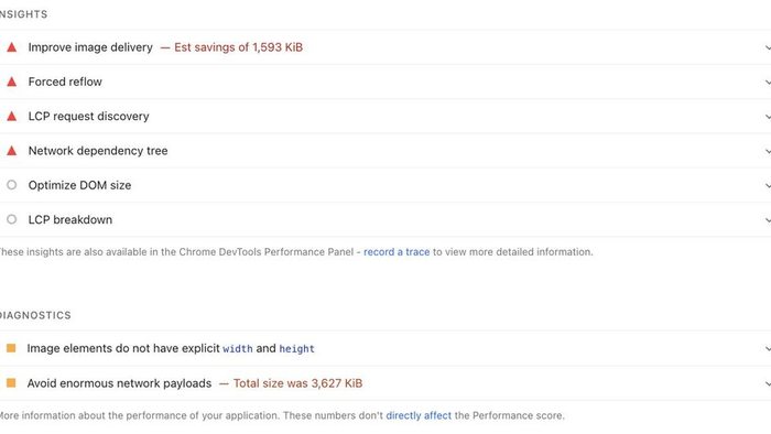 PageSpeed Insights insights and diagnostics panel for the SEO case study article, flagging Improve image delivery with 1,593 KiB of estimated savings, Forced reflow, LCP request discovery, Network dependency tree, Image elements missing explicit width and height, and Avoid enormous network payloads with 3,627 KiB total