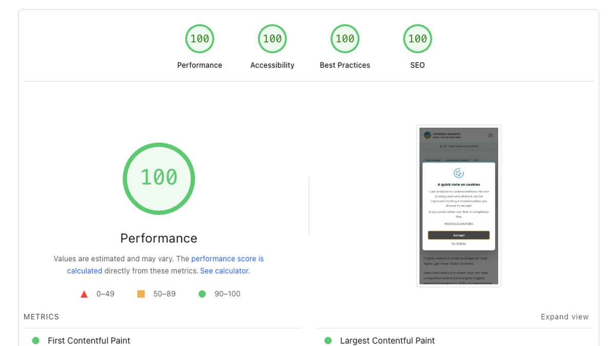 PageSpeed Insights mobile report for the SEO case study article showing 100 Performance, 100 Accessibility, 100 Best Practices and 100 SEO, with Performance score of 100 displayed alongside the article preview