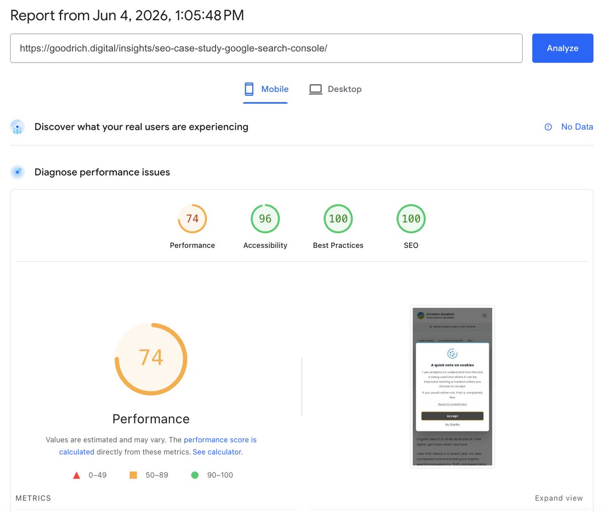 PageSpeed Insights mobile report for the SEO case study article showing a Performance score of 74, with Accessibility 96, Best Practices 100 and SEO 100