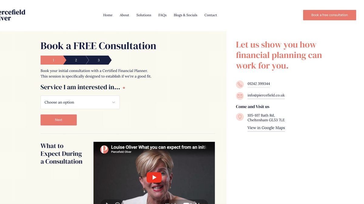 Piercefield Oliver contact page showing a clear Book a FREE Consultation heading, three-step progress indicator, service selector and contact details