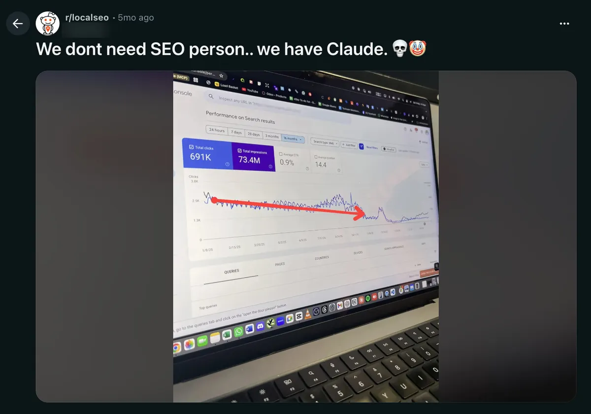 Reddit post in r/localseo titled We dont need SEO person, we have Claude, showing a Search Console clicks graph trending sharply down.