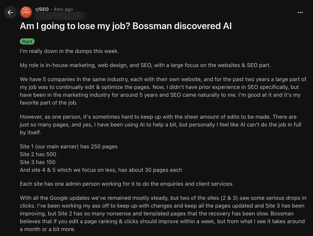 Reddit post in r/SEO titled Am I going to lose my job? Bossman discovered AI, from an in-house marketer managing five company websites.