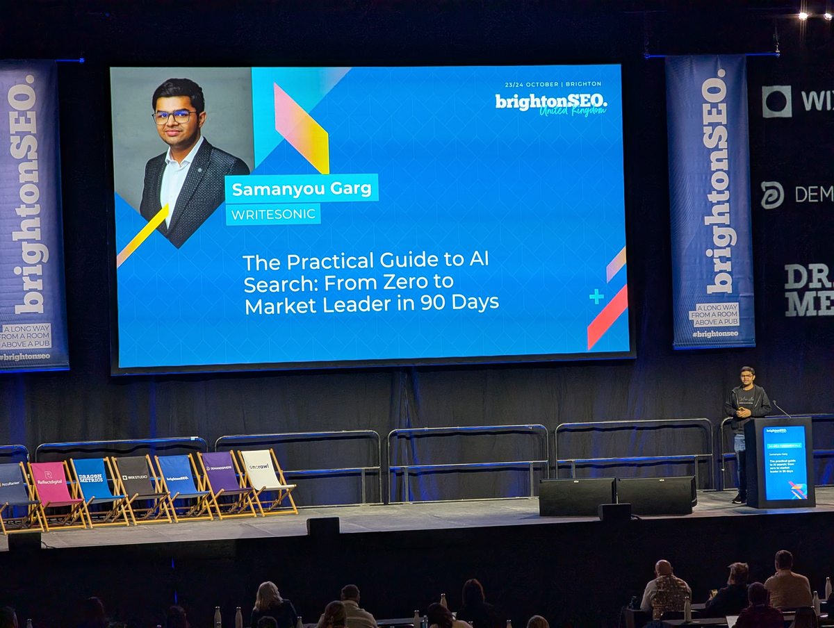 Samanyou Garg, CEO of Writesonic, opening his BrightonSEO October 2025 talk: The Practical Guide to AI Search — From Zero to Market Leader in 90 Days.