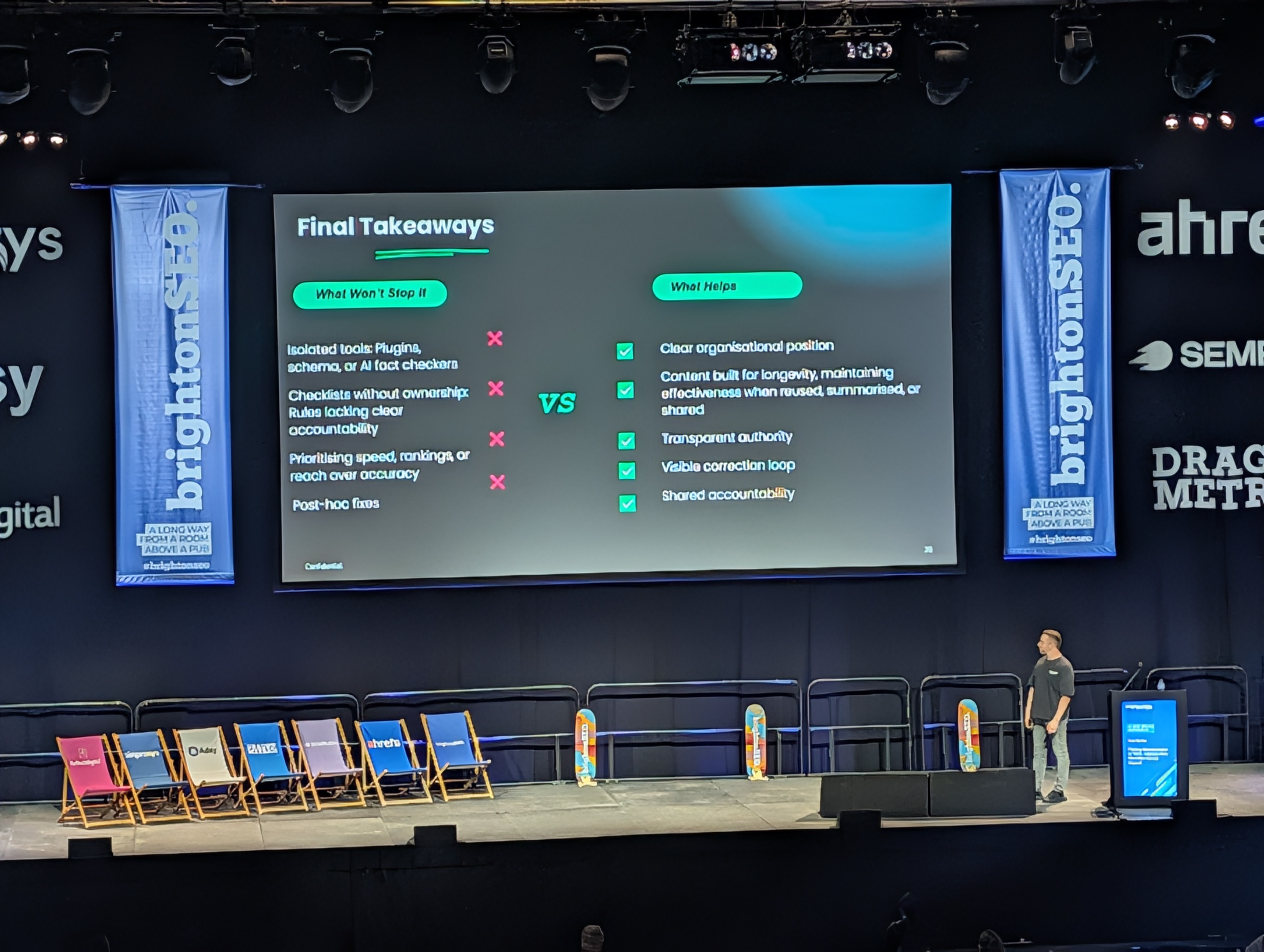 Sean Barber's final takeaways slide at brightonSEO April 2026 on trust, authority, and fighting misinformation for YMYL brands
