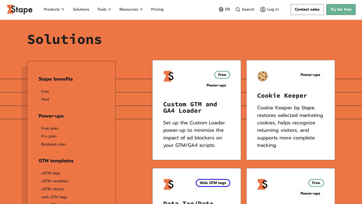 Stape solutions page showing the Custom GTM and GA4 Loader and Cookie Keeper power-ups for improving server-side tracking accuracy