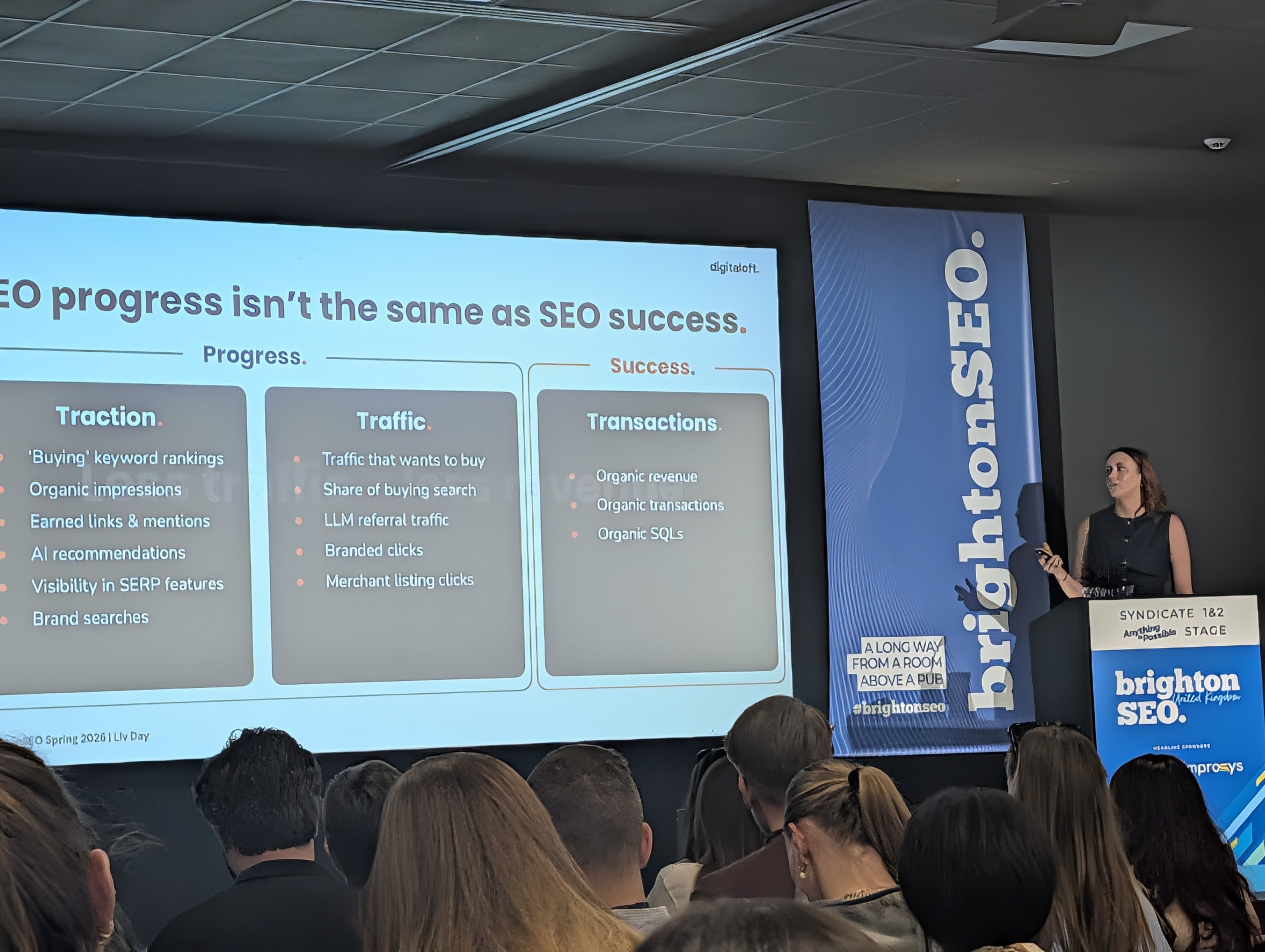 Liv Day of Digitaloft presenting at brightonSEO April 2026, slide titled SEO progress isn't the same as SEO success, showing a framework with three columns: Traction covering rankings and impressions, Traffic covering buying intent and LLM referrals, and Transactions covering organic revenue and SQLs