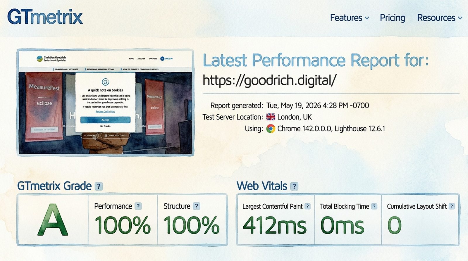 GTmetrix performance report for goodrich.digital showing Grade A with 100% Performance, 100% Structure, fast Largest Contentful Paint, zero Total Blocking Time and zero Cumulative Layout Shift.