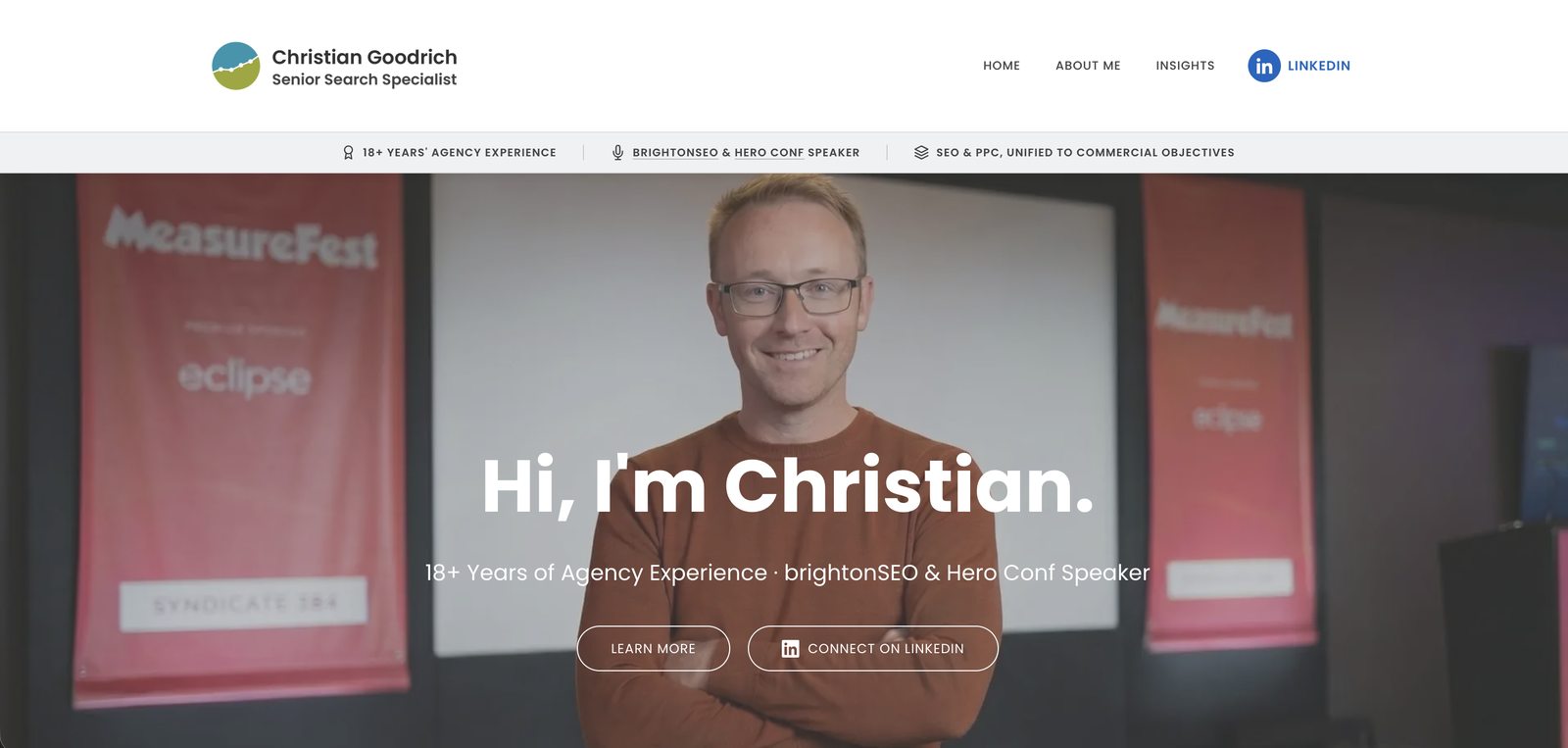 Goodrich.Digital homepage with Christian Goodrich introduction, hero photo from MeasureFest, navigation bar and three credential pills